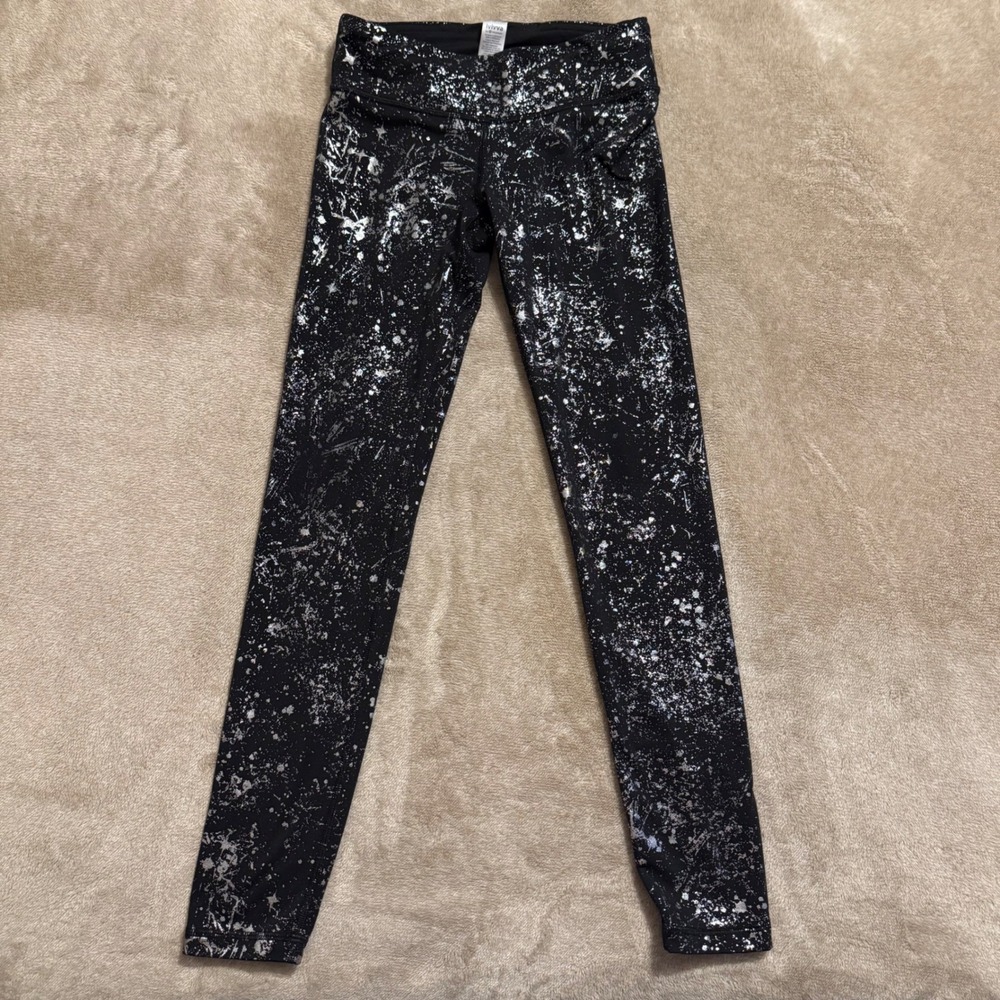 Ivivva by Lululemon Girls Black Silver Metallic Foil Splatter Leggings Size 8